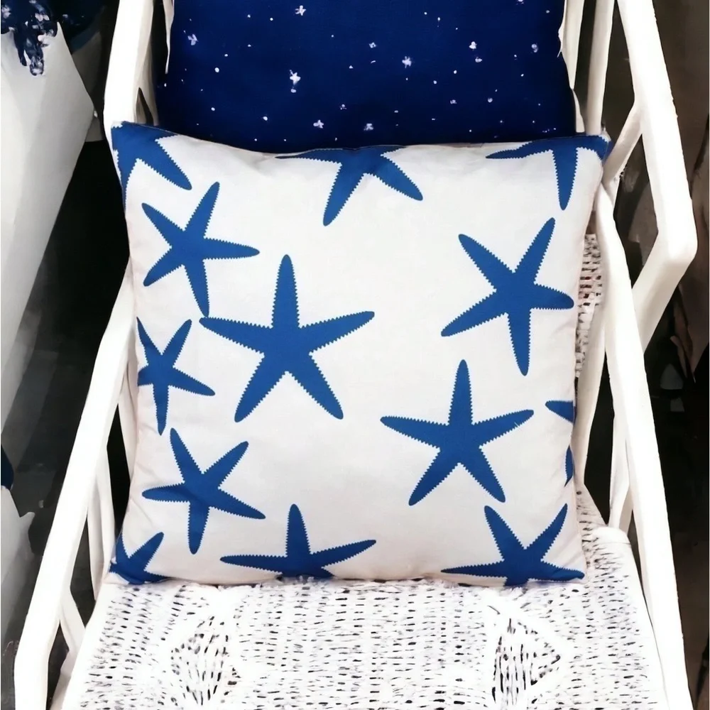 Coastal Starfish Pillow Cover Beach Nautical Square Blue White 17. 7 X 17.7 in